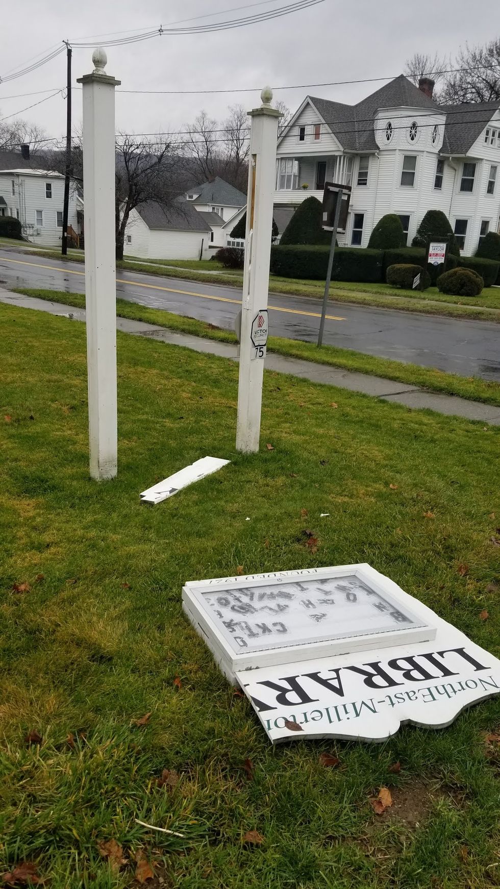 Vandals hit library, bank and merchants in village